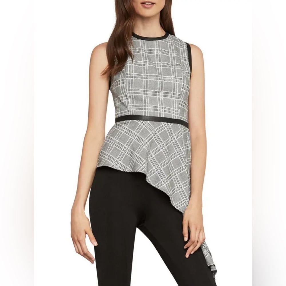 BCBGMaxAzria Asymmetrical Houndstooth Drape Top Black Plaid Faux Leather Sz S